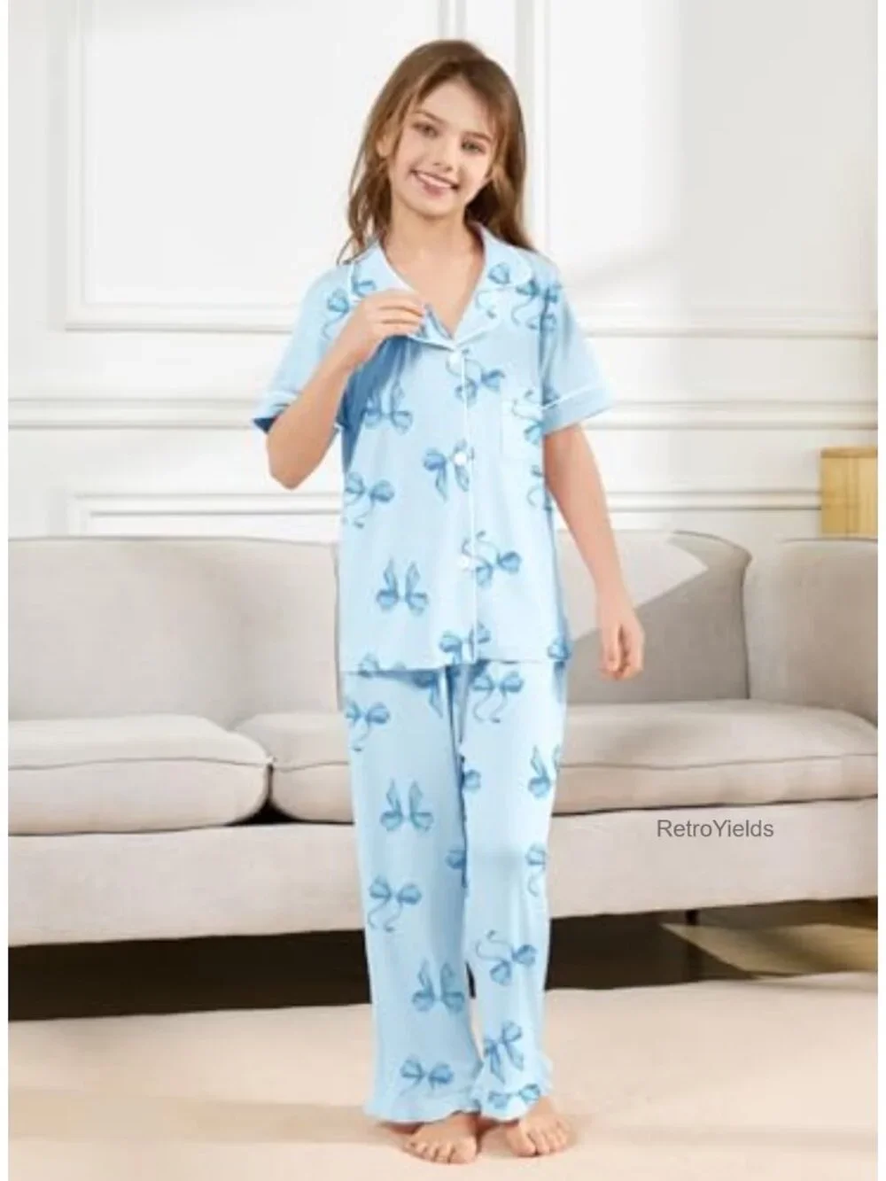 Girls Pajama Set 2-Piece Short Sleeve Button Down Top with Ruffle Pants
